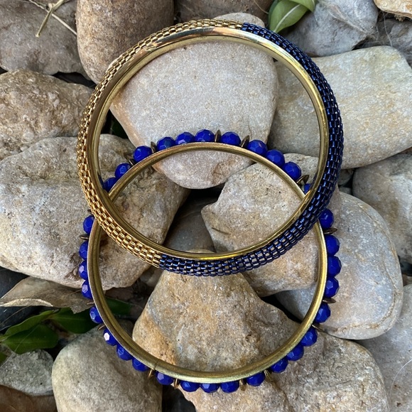 Vintage Brassy Gold & Blue Vintage Boho Luxe Bangles - Picture 7 of 9